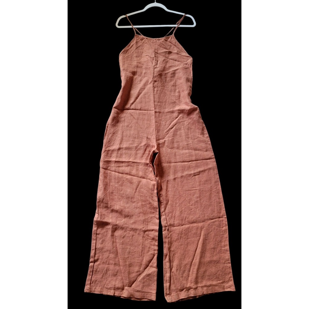 Mus & Bombon Barcelona 100% Linen Strappy Wide Leg Jumpsuit Palazzo Orange Small